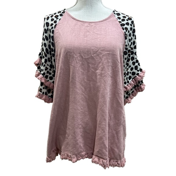 Umgee Tops - Umgee Blouse Womens Large Pink Leopard Ruffle Short Sleeve Boho Tunic Top Shirt